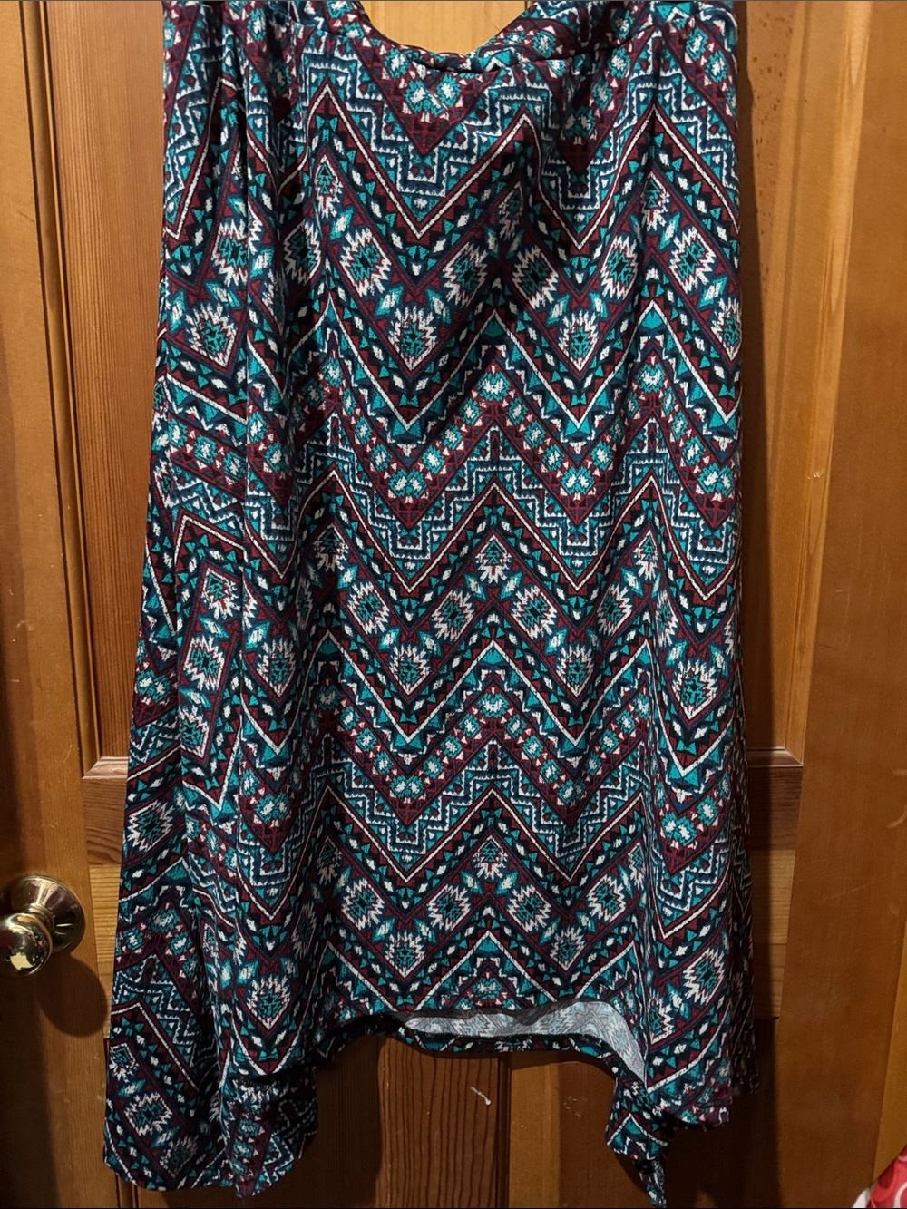 French Laundry Chevron Print High-Low Maxi Skirt in Teal and Burgundy